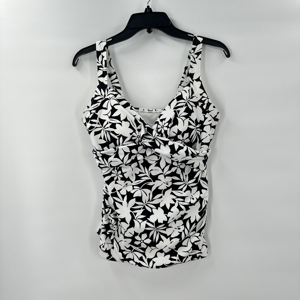 Lands End‎ Floral Tankini Swim Top Black White Twist Front Womens 10 DD Swimsuit